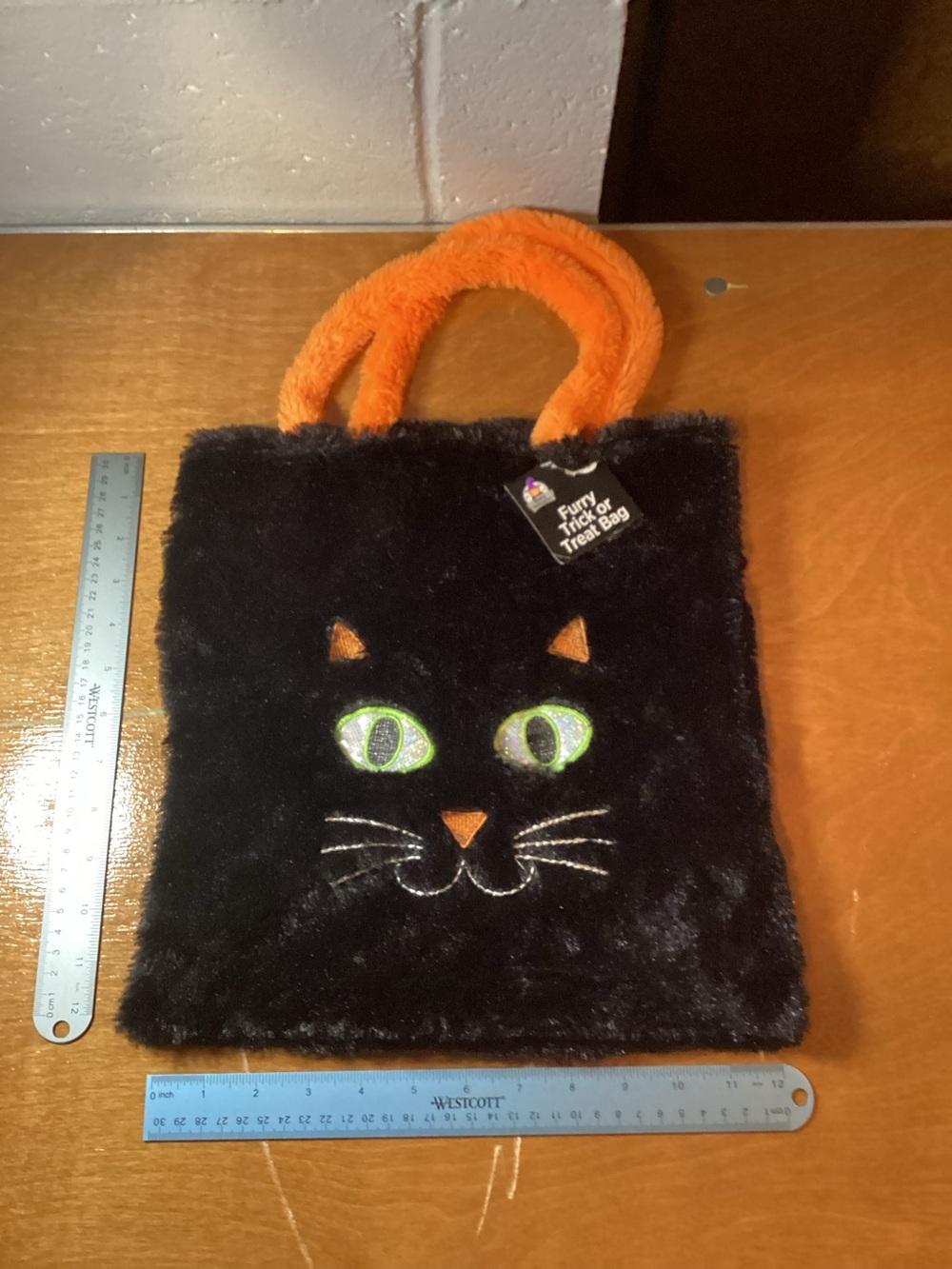 Furry Trick or Treat Bag - Black & Orange Cat Design 12” x 12”